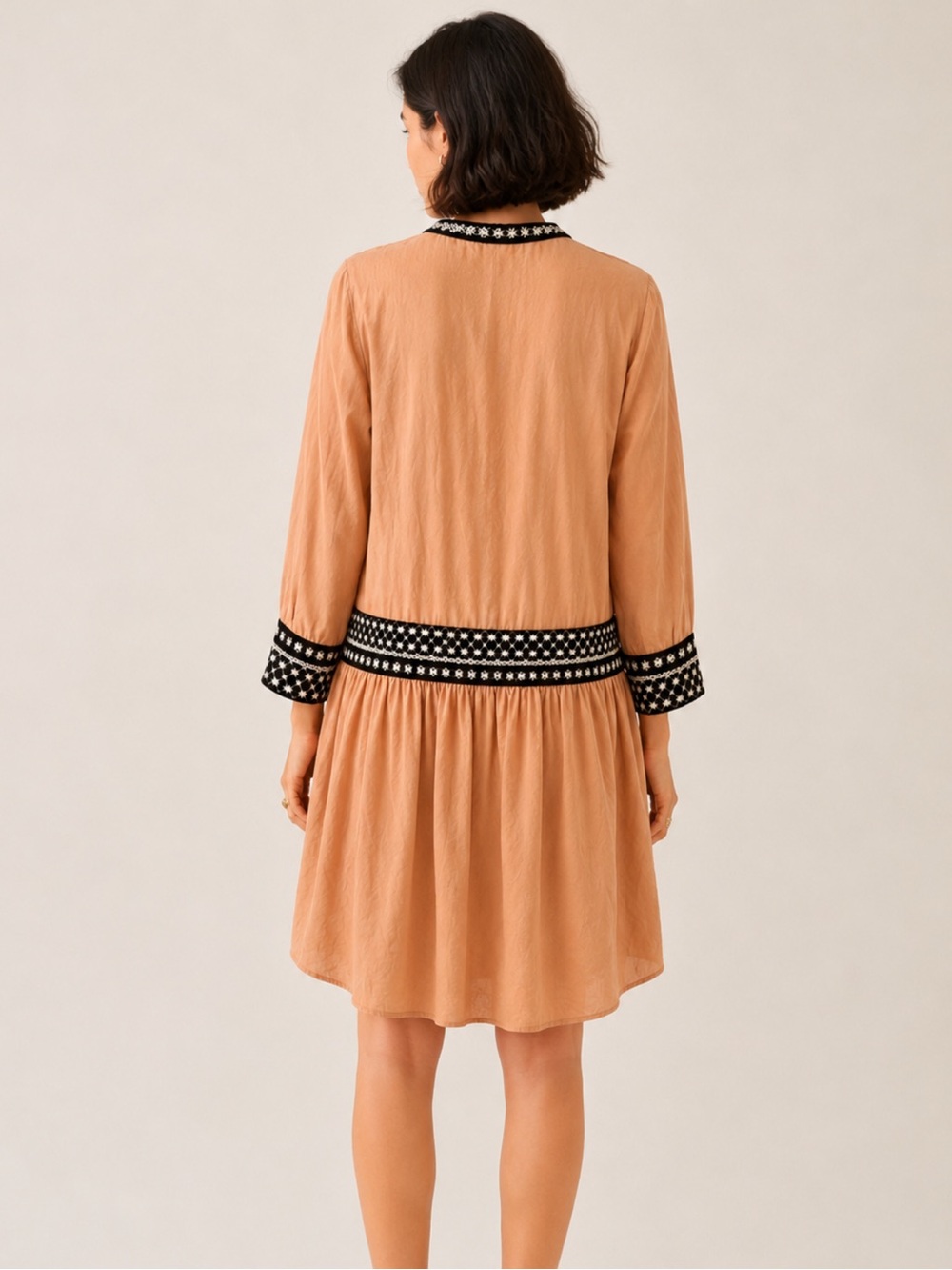 Zara Linen Blend Embroidered Tunic Dress Large Boho Hi-Low Beige Burnt Orange - Picture 3 of 11